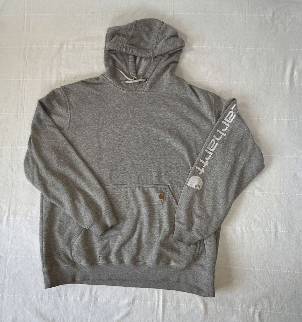 Men's Carhartt Gray Hoodie Pullover Sleeve Logo Size XL Thrashed Distressed